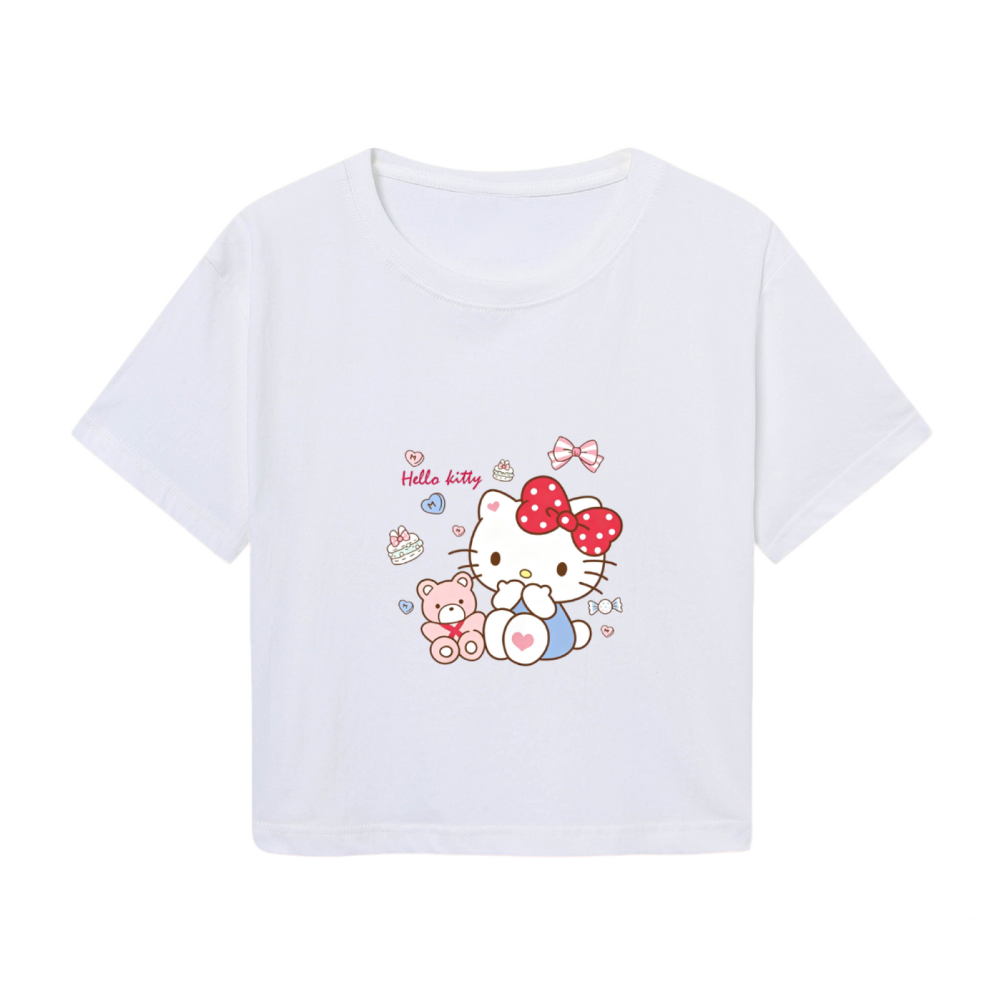 Cozy Hello Kitty Teddy Bear Party White Cropped Tee