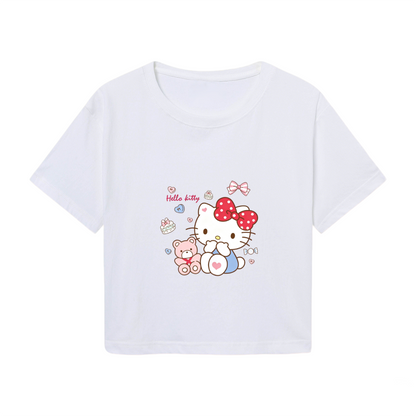 Cozy Hello Kitty Teddy Bear Party White Cropped Tee