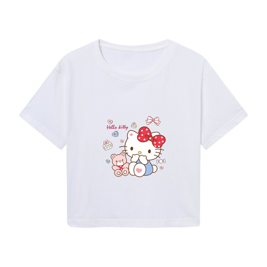Cozy Hello Kitty Teddy Bear Party White Cropped Tee