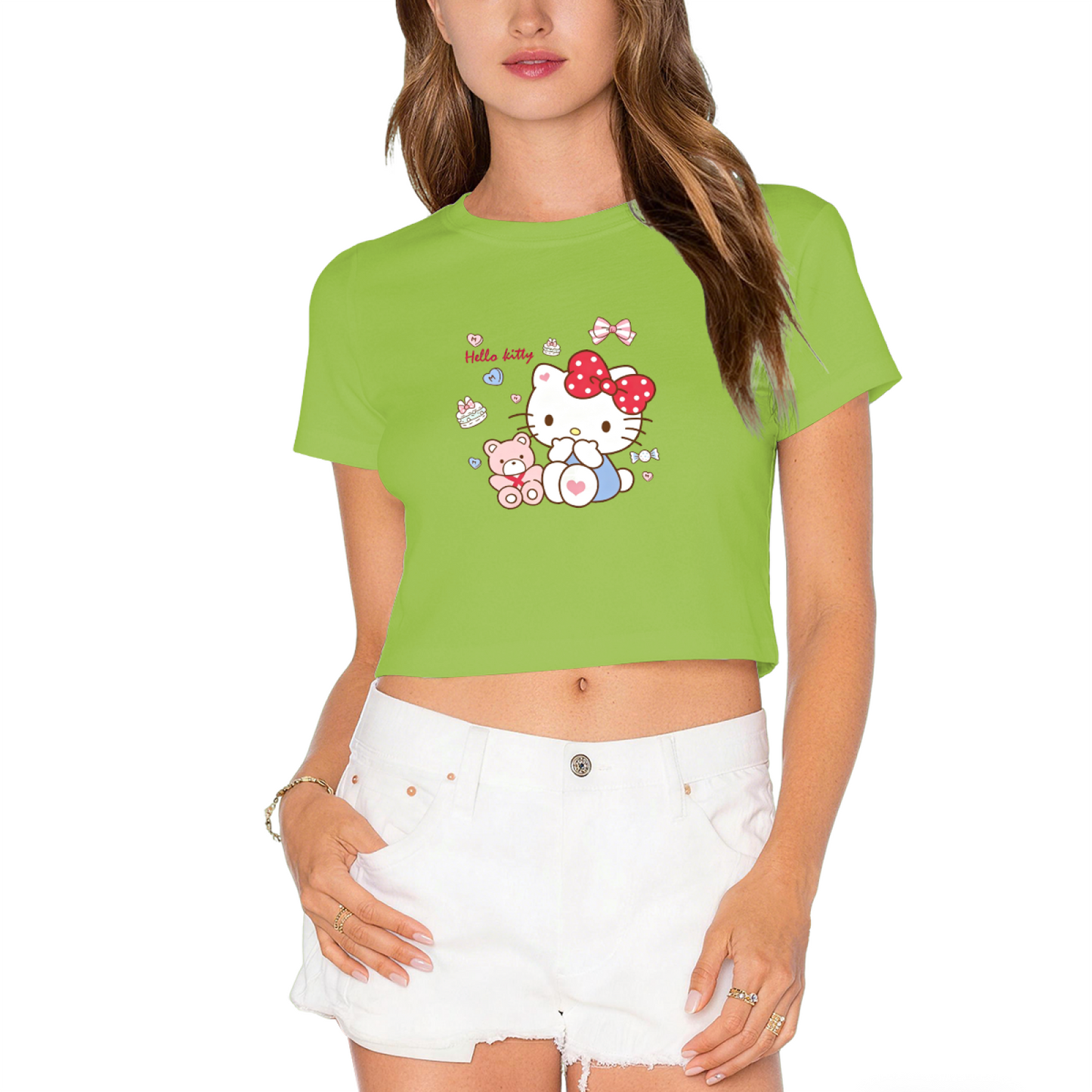 Cozy Hello Kitty Teddy Bear Party White Cropped Tee