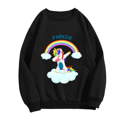 Personalized Dabbing Unicorn Rainbow Crewneck Sweatshirt | Custom Name Unicorn Cloud Pullover, Kids Birthday Gift