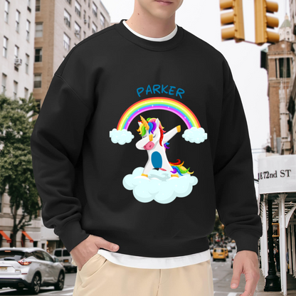 Personalized Dabbing Unicorn Rainbow Crewneck Sweatshirt | Custom Name Unicorn Cloud Pullover, Kids Birthday Gift