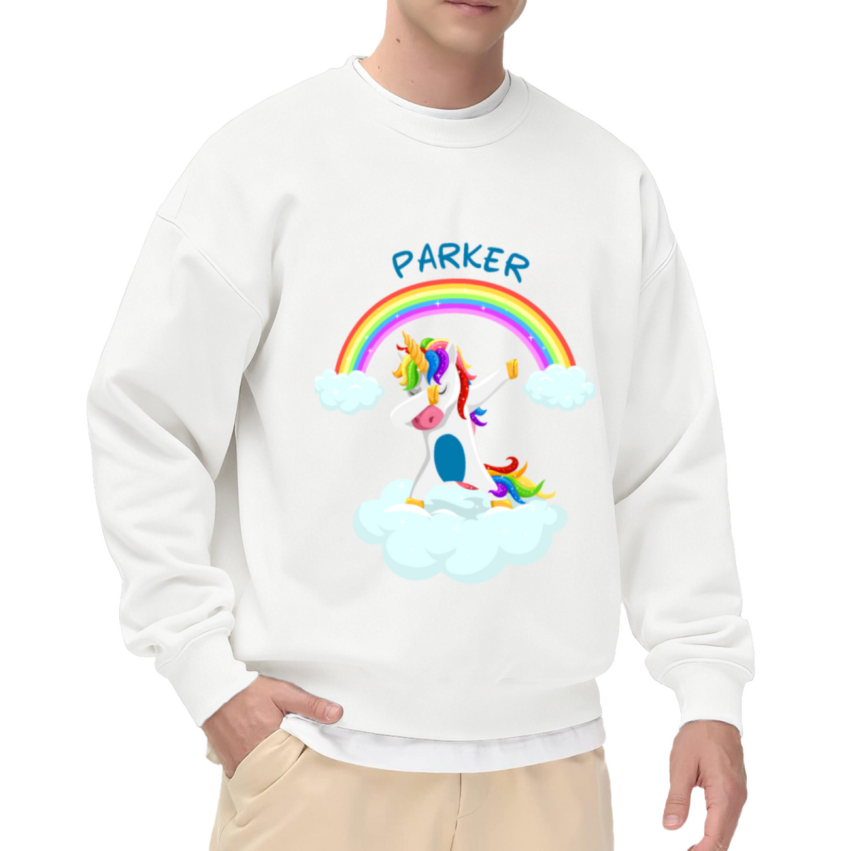 Personalized Dabbing Unicorn Rainbow Crewneck Sweatshirt | Custom Name Unicorn Cloud Pullover, Kids Birthday Gift