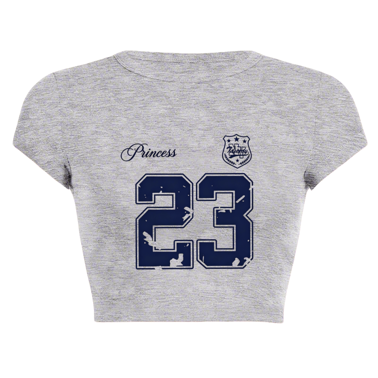 Princess 23 Distressed Varsity Grey Crop Top ¨C Retro Sporty Girl Slim Tee