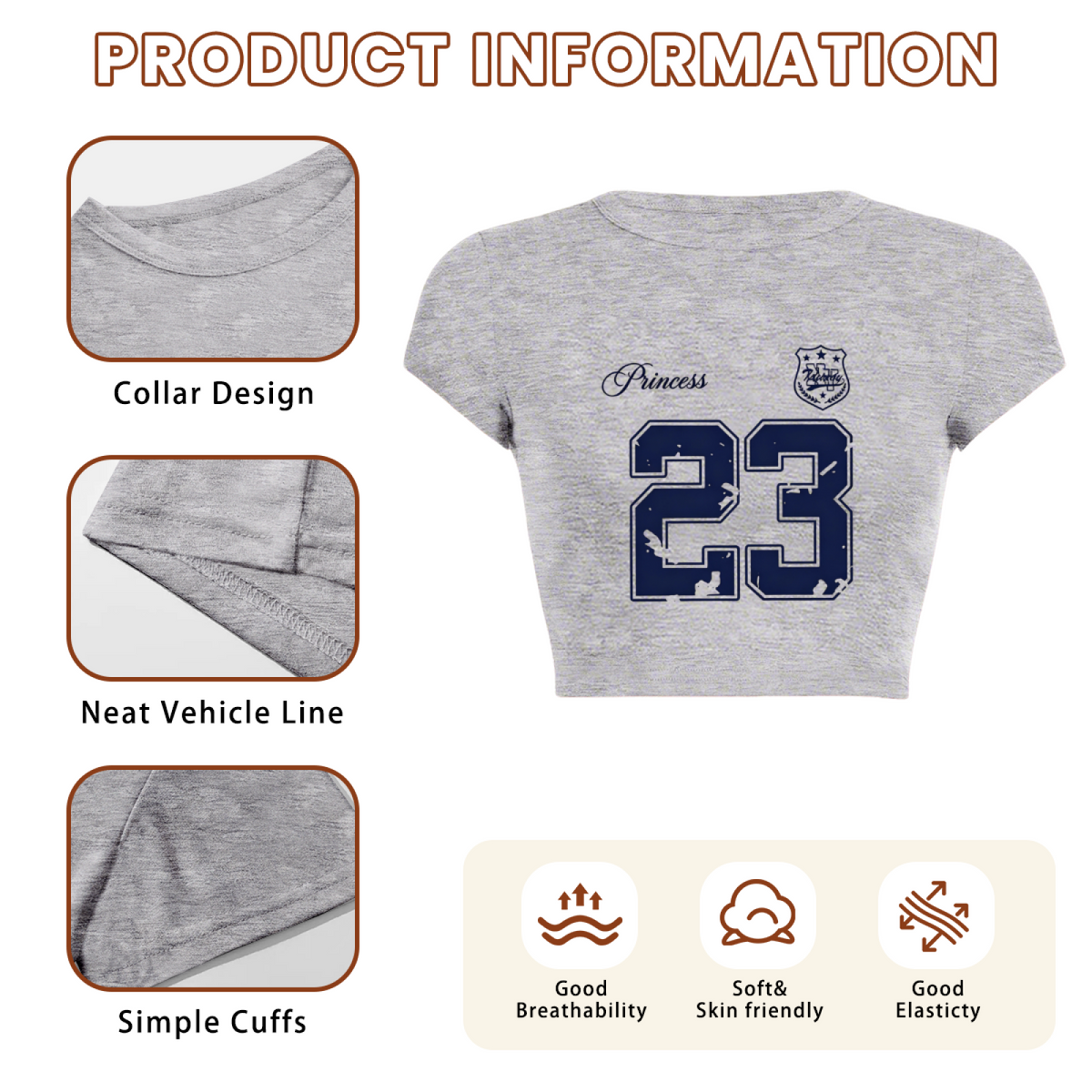 Princess 23 Distressed Varsity Grey Crop Top ¨C Retro Sporty Girl Slim Tee