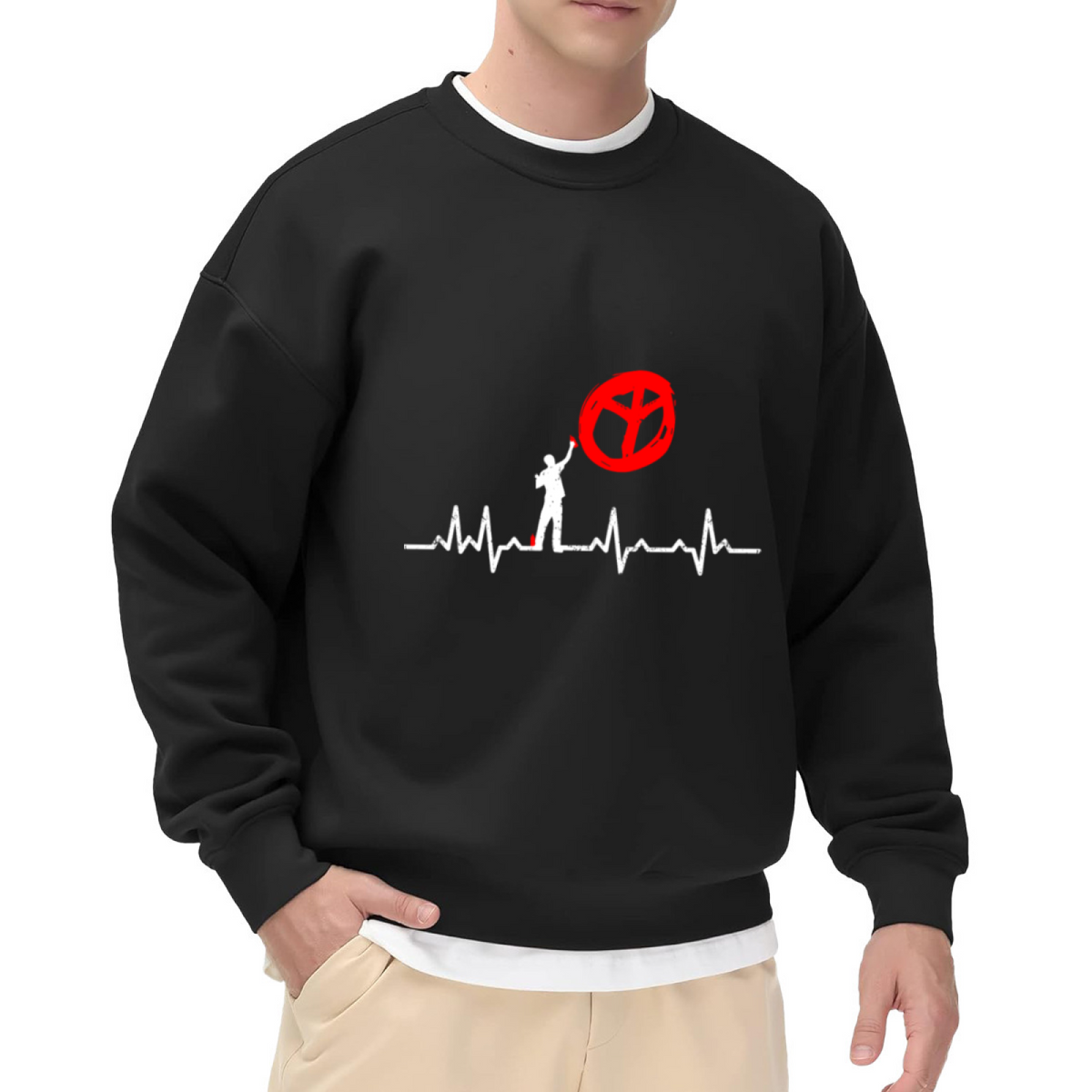 Heartbeat Pulse Line Minimalist Crewneck Sweatshirt, ECG Heart Rate Graphic Pullover, Sporty Abstract Logo Gift