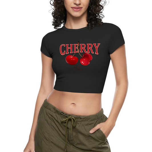 Retro Cherry Graphic Black Baby Crop Tee ¨C Y2K Sweet Fruit Top 2.