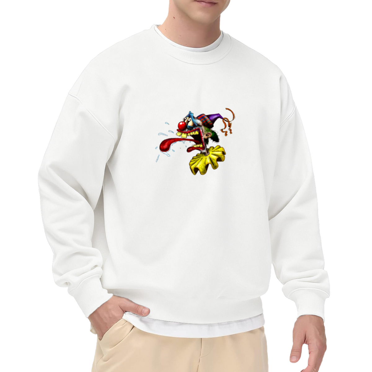 Funny Creepy Clown Monster Crewneck Sweatshirt - Silly Halloween Clown Graphic, Rude Humor Pullover, Weird Art Top