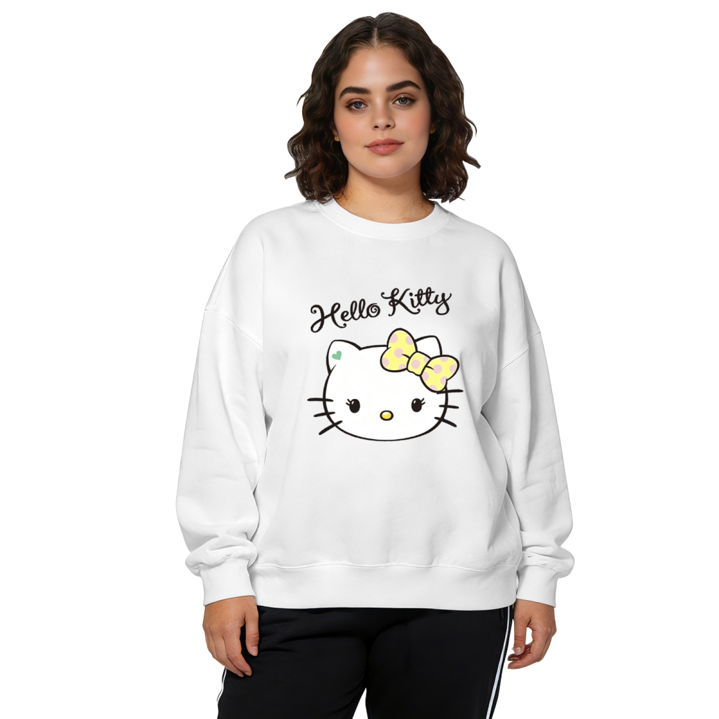 Vintage Yellow Bow Hello Kitty Face Graphic Crewneck Sweatshirt