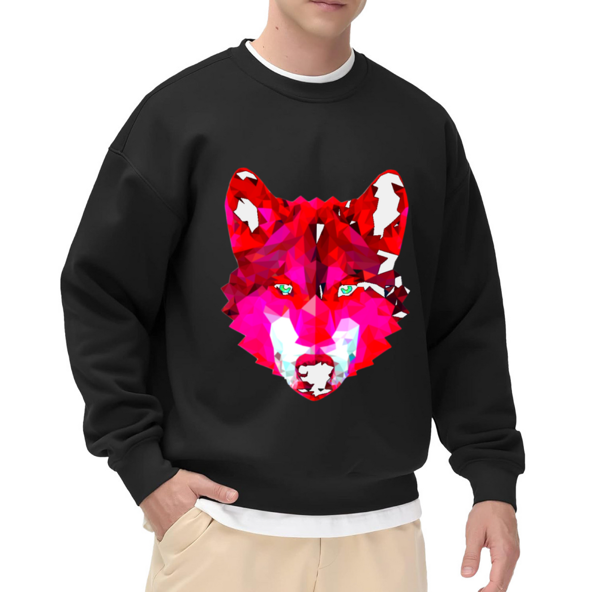 Low Poly Wolf Head Crewneck Sweatshirt | Geometric Color Block Animal Pullover, Modern Abstract Wolf Graphic Streetwear Top