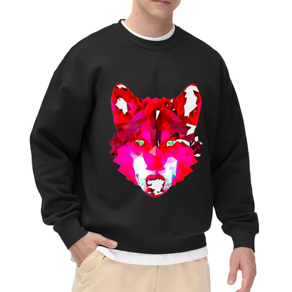 Low Poly Wolf Head Crewneck Sweatshirt | Geometric Color Block Animal Pullover, Modern Abstract Wolf Graphic Streetwear Top