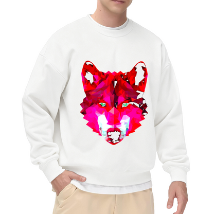 Low Poly Wolf Head Crewneck Sweatshirt | Geometric Color Block Animal Pullover, Modern Abstract Wolf Graphic Streetwear Top