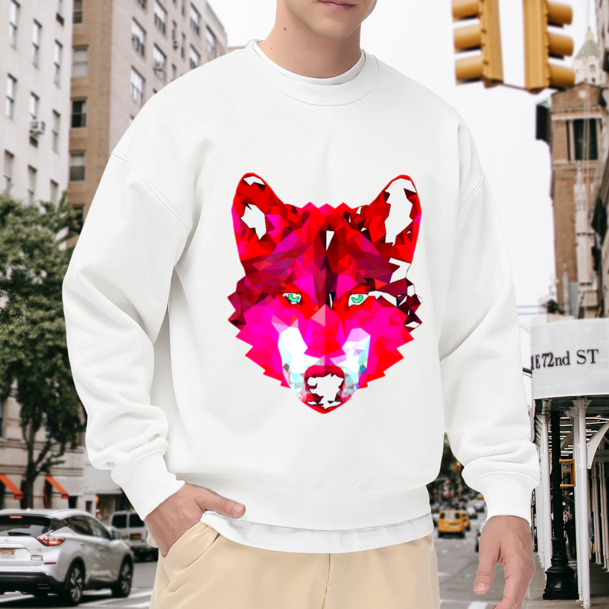 Low Poly Wolf Head Crewneck Sweatshirt | Geometric Color Block Animal Pullover, Modern Abstract Wolf Graphic Streetwear Top