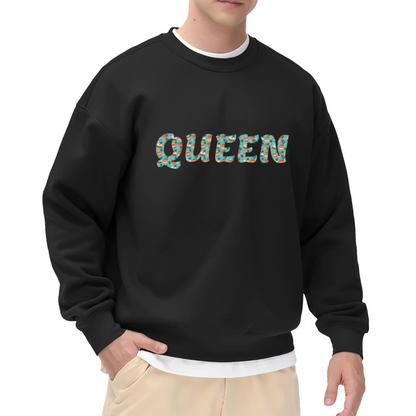 QUEEN Floral Pattern Letter Crewneck Sweatshirt | Bold Botanical Text Pullover, Women's Gift Top