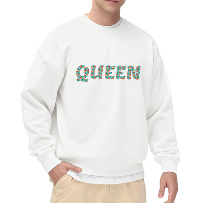 QUEEN Floral Pattern Letter Crewneck Sweatshirt | Bold Botanical Text Pullover, Women's Gift Top