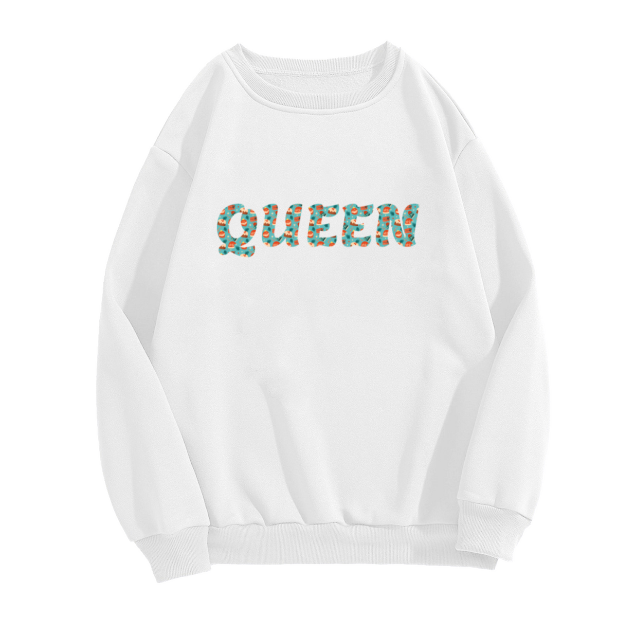 QUEEN Floral Pattern Letter Crewneck Sweatshirt | Bold Botanical Text Pullover, Women's Gift Top