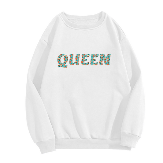 QUEEN Floral Pattern Letter Crewneck Sweatshirt | Bold Botanical Text Pullover, Women's Gift Top