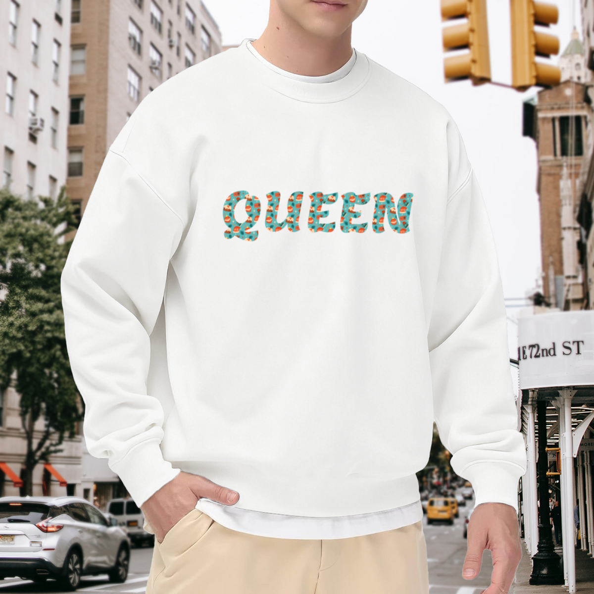 QUEEN Floral Pattern Letter Crewneck Sweatshirt | Bold Botanical Text Pullover, Women's Gift Top