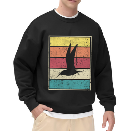 Retro Sunset Stripes Bird Crewneck Sweatshirt | Vintage Distressed Color Band Pullover, Seagull Silhouette Graphic Top