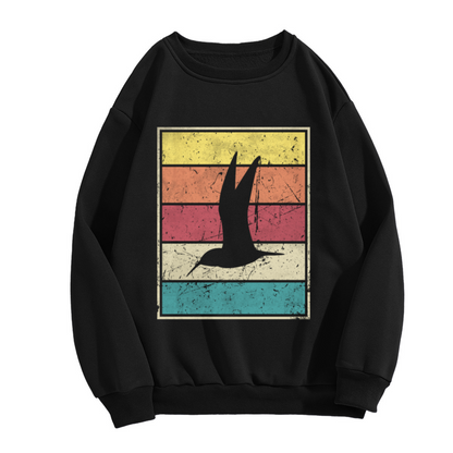 Retro Sunset Stripes Bird Crewneck Sweatshirt | Vintage Distressed Color Band Pullover, Seagull Silhouette Graphic Top
