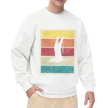 Retro Sunset Stripes Bird Crewneck Sweatshirt | Vintage Distressed Color Band Pullover, Seagull Silhouette Graphic Top