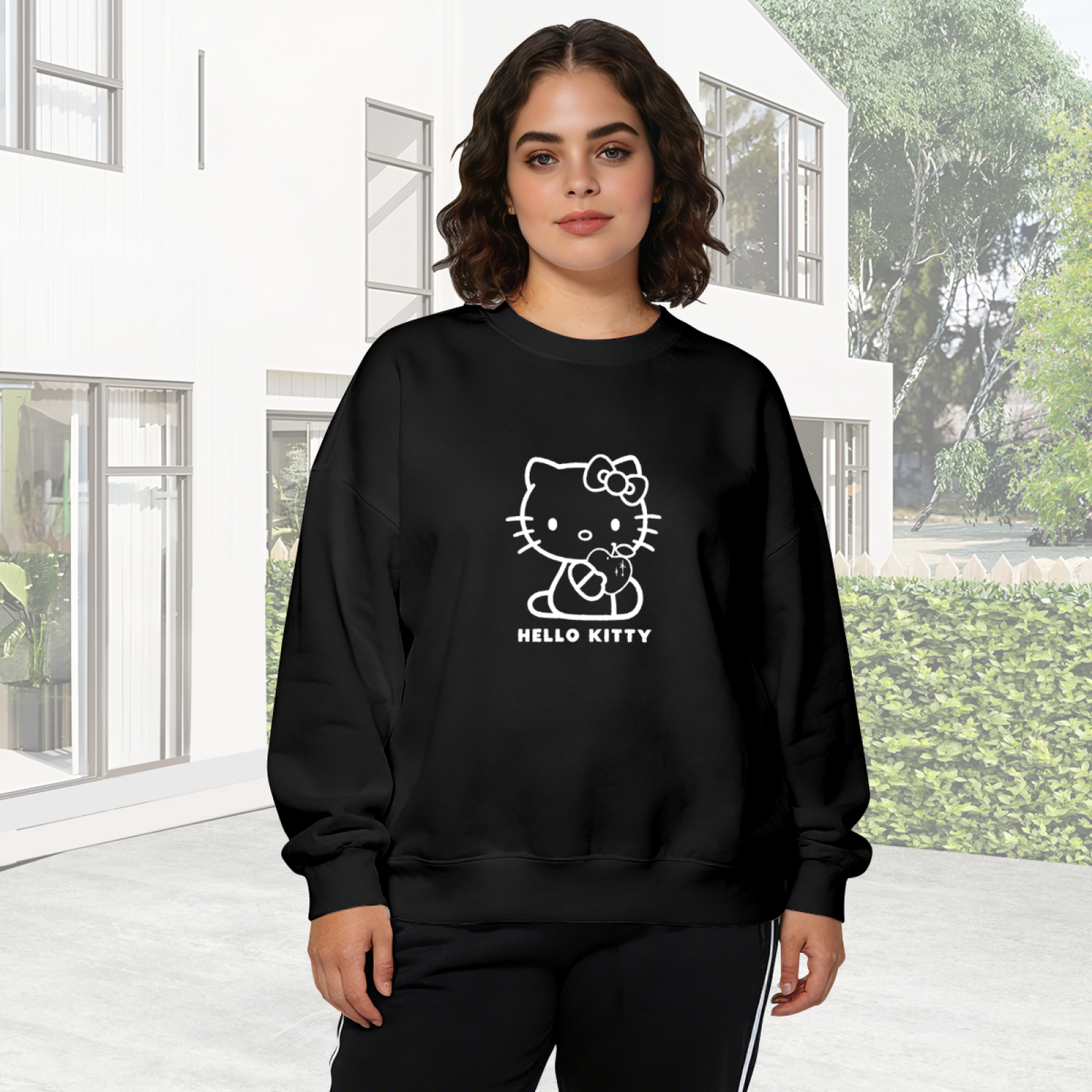 Minimal Line?Art Hello Kitty Black Crewneck Sweatshirt