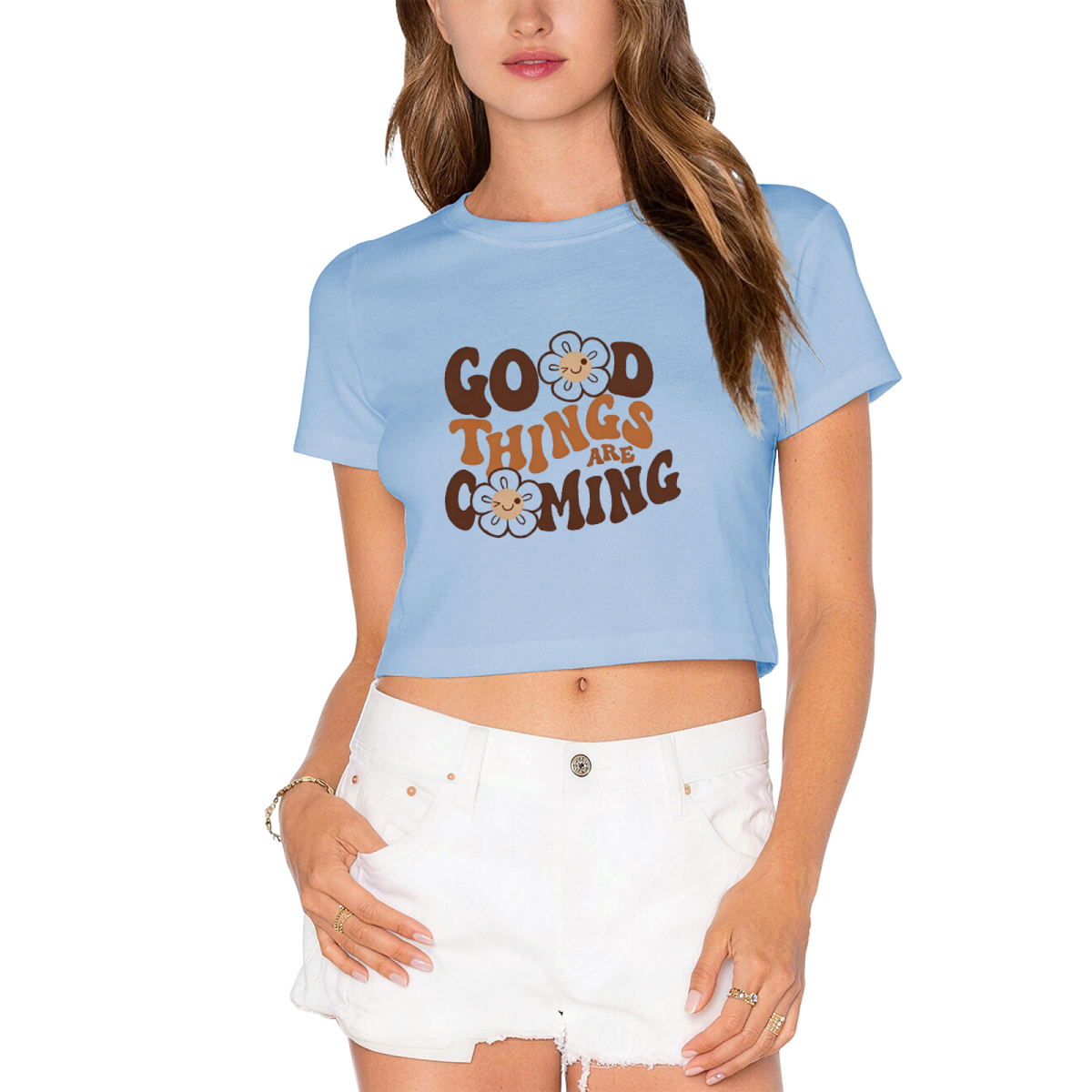 Boho Gray Crop Tee Printed With Flowers & Good Things Are Coming Quote
