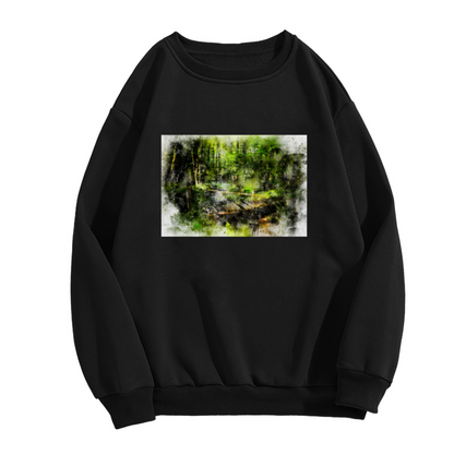 Watercolor Forest Bridge Crewneck Sweatshirt - Nature Landscape Pullover, Serene Woods Scenery, Outdoor Lover Gift