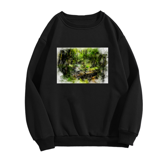 Watercolor Forest Bridge Crewneck Sweatshirt - Nature Landscape Pullover, Serene Woods Scenery, Outdoor Lover Gift