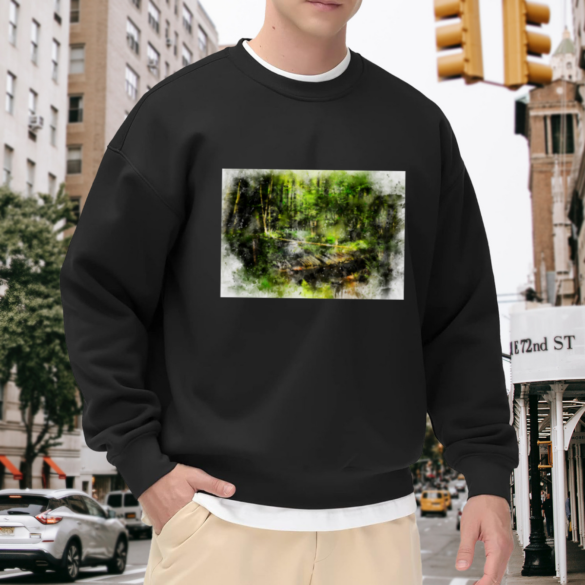 Watercolor Forest Bridge Crewneck Sweatshirt - Nature Landscape Pullover, Serene Woods Scenery, Outdoor Lover Gift