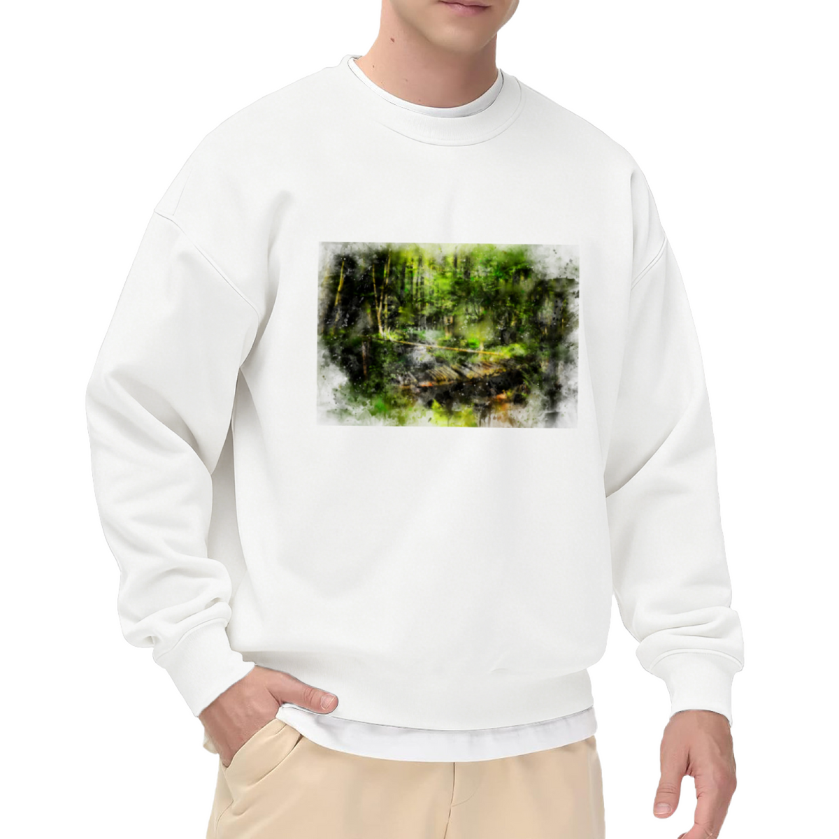 Watercolor Forest Bridge Crewneck Sweatshirt - Nature Landscape Pullover, Serene Woods Scenery, Outdoor Lover Gift