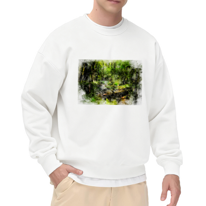 Watercolor Forest Bridge Crewneck Sweatshirt - Nature Landscape Pullover, Serene Woods Scenery, Outdoor Lover Gift