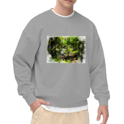 Watercolor Forest Bridge Crewneck Sweatshirt - Nature Landscape Pullover, Serene Woods Scenery, Outdoor Lover Gift