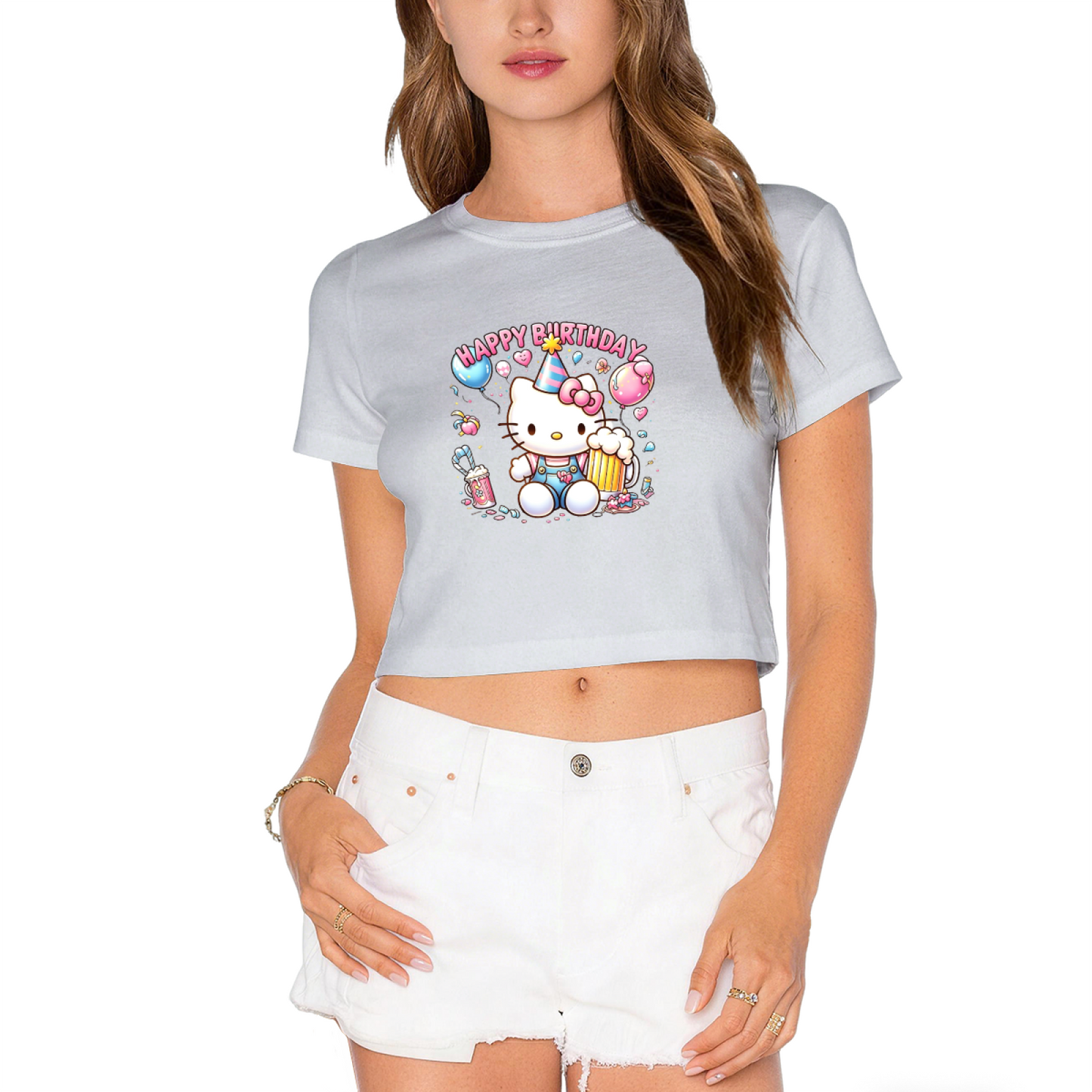 Colorful Sanrio Characters 67 Number Design White Crop Top Cute Girl Tee