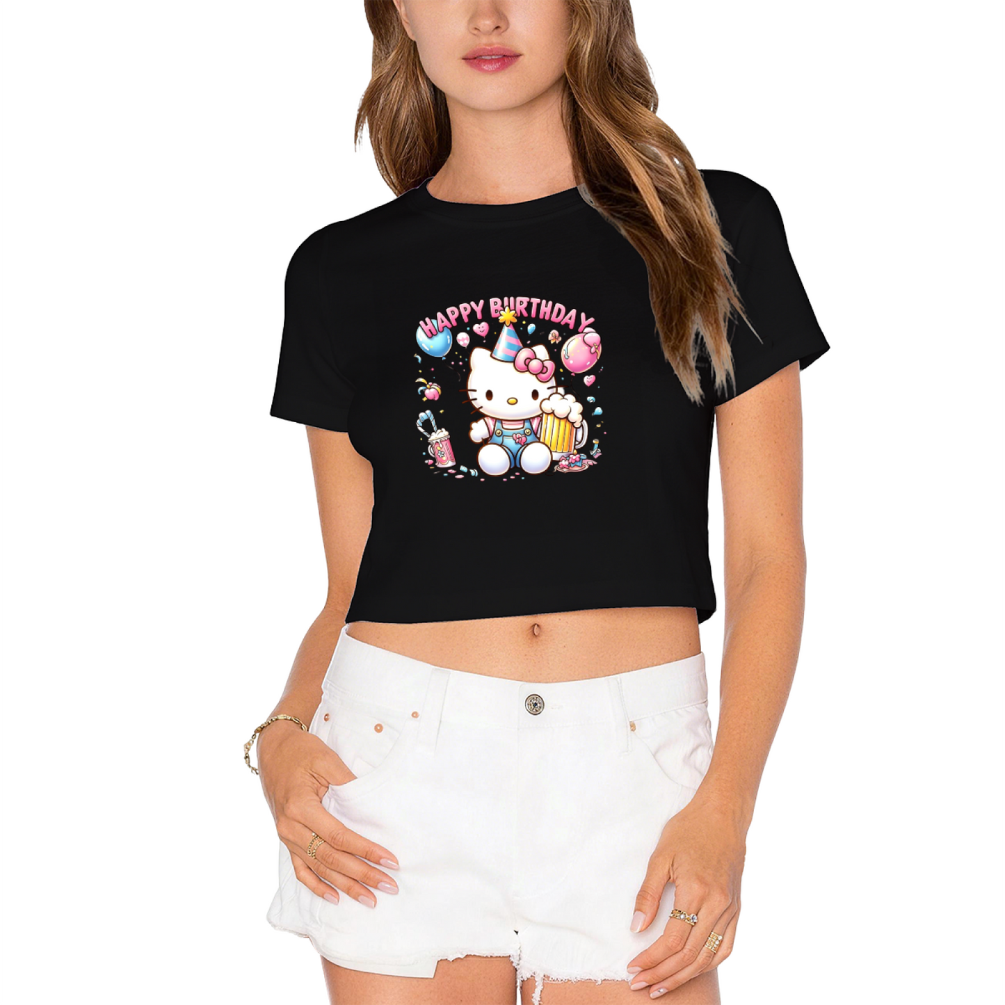 Colorful Sanrio Characters 67 Number Design White Crop Top Cute Girl Tee