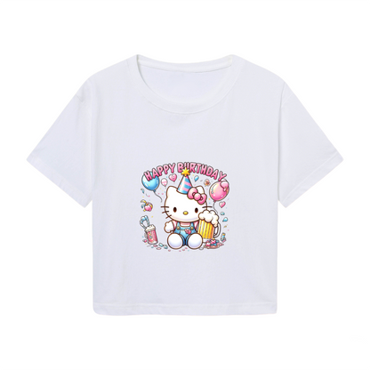 Colorful Sanrio Characters 67 Number Design White Crop Top Cute Girl Tee