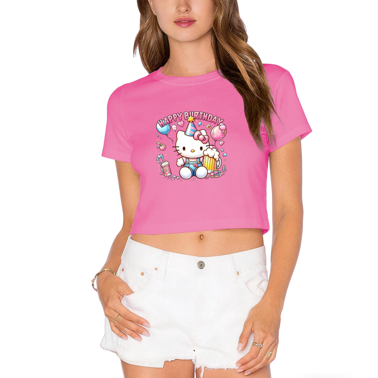 Colorful Sanrio Characters 67 Number Design White Crop Top Cute Girl Tee