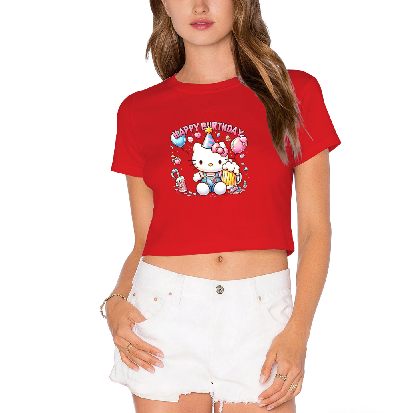 Colorful Sanrio Characters 67 Number Design White Crop Top Cute Girl Tee