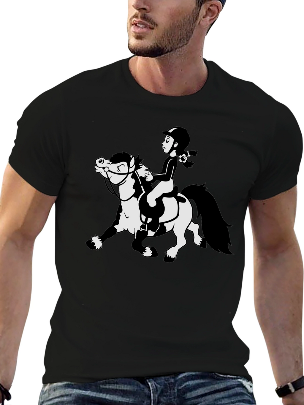 Cartoon Horse Riding Black T-Shirt