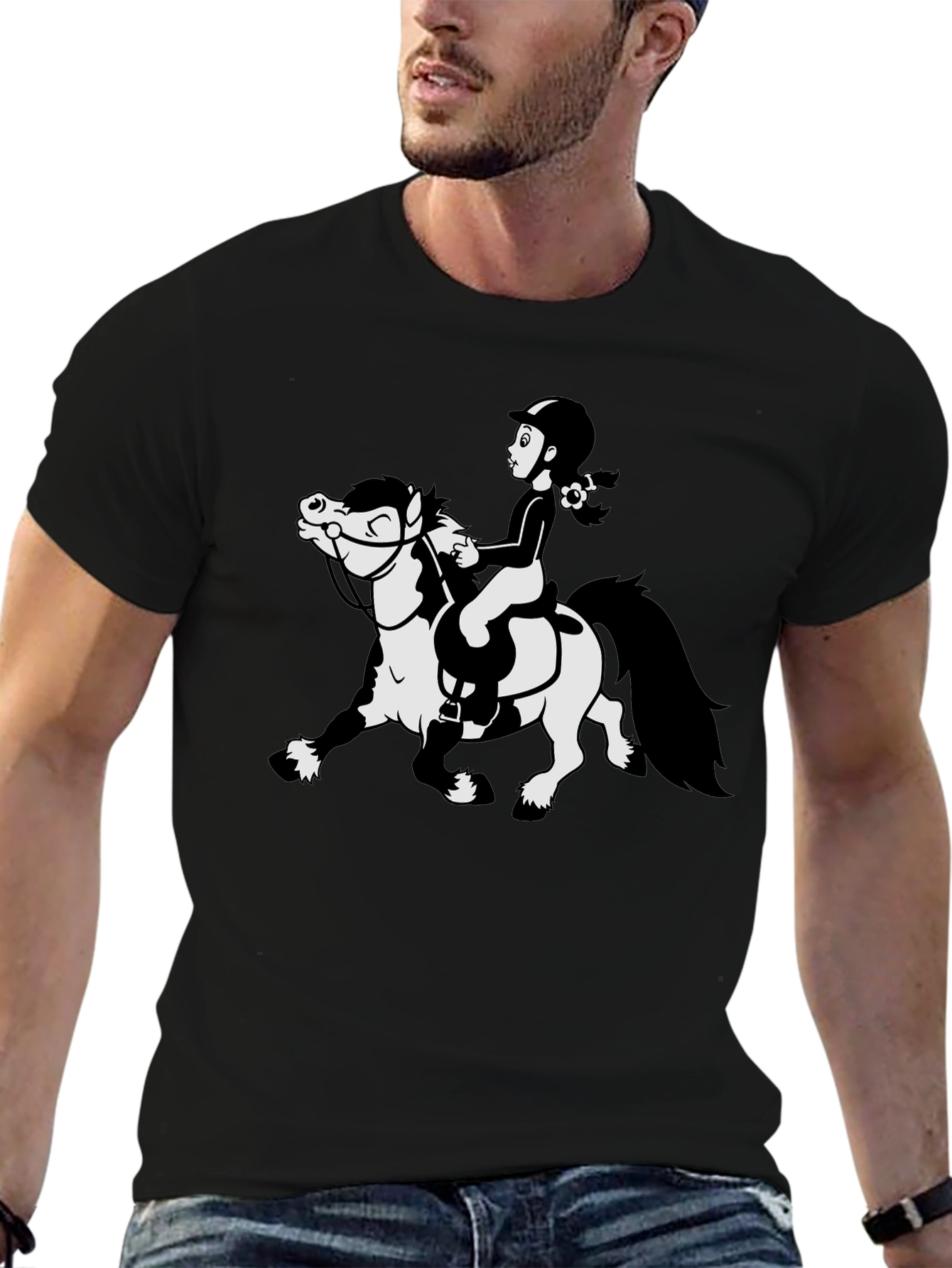 Cartoon Horse Riding Black T-Shirt