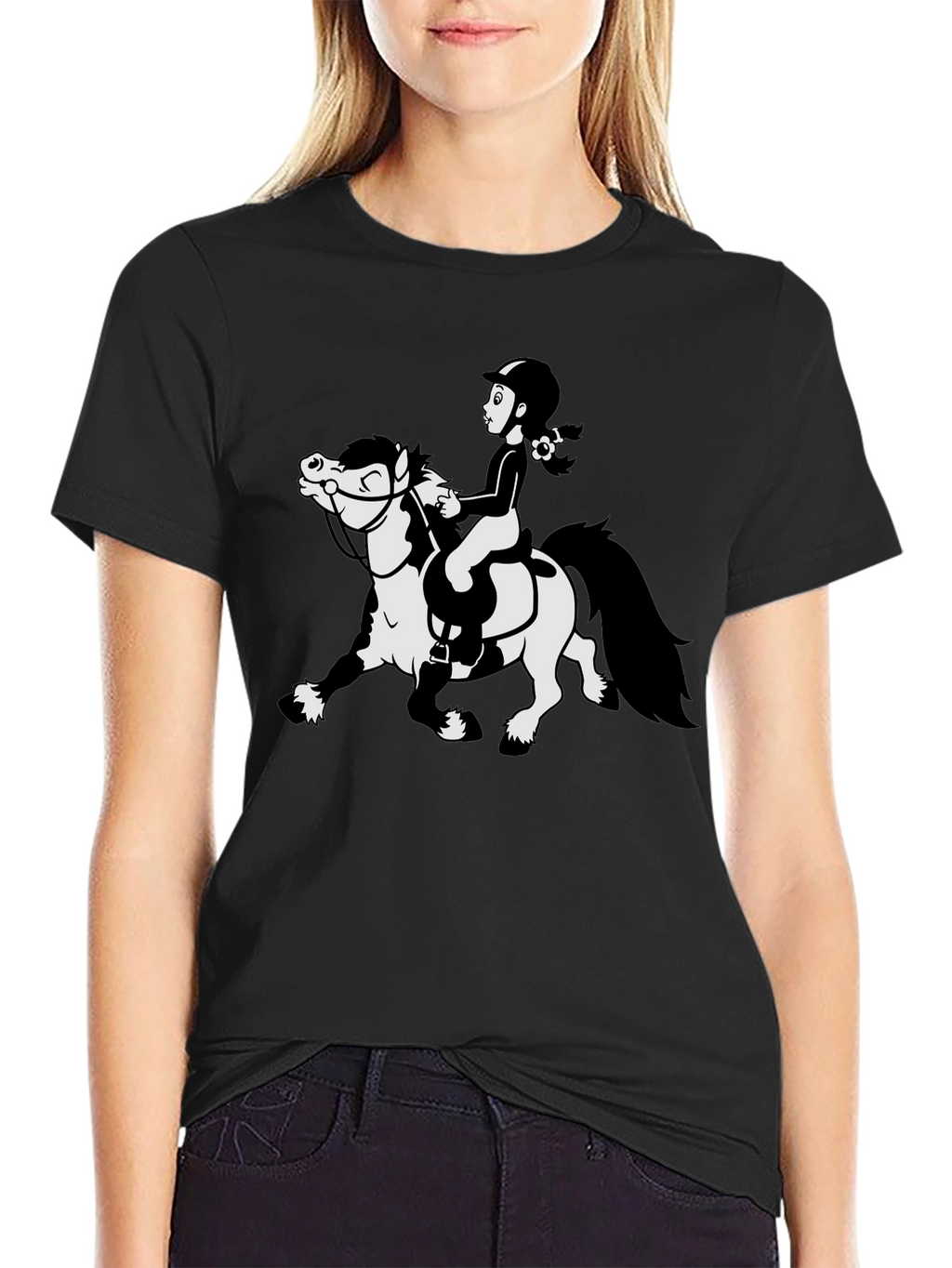 Cartoon Horse Riding Black T-Shirt