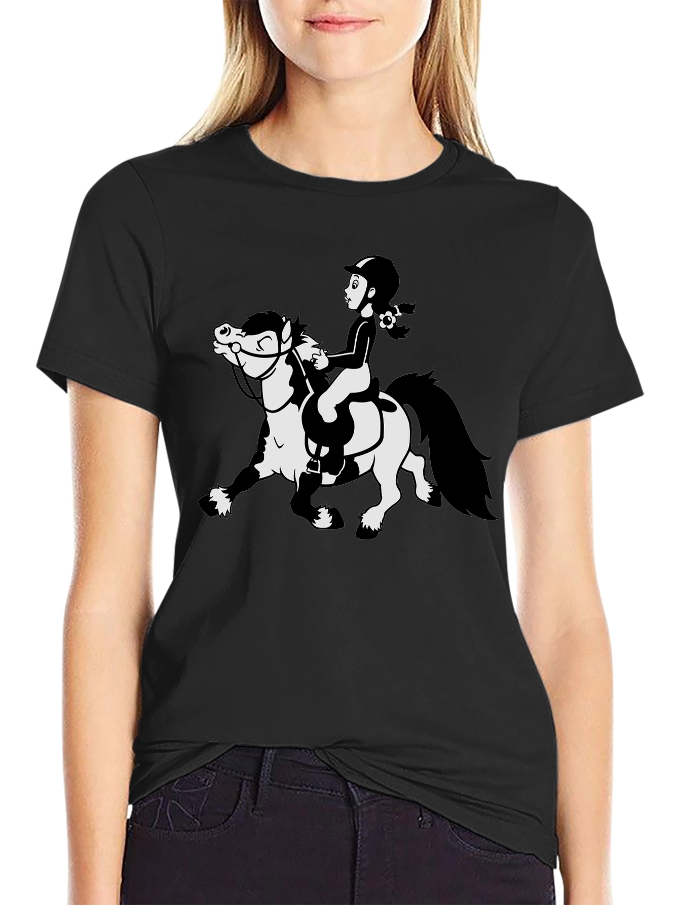 Cartoon Horse Riding Black T-Shirt