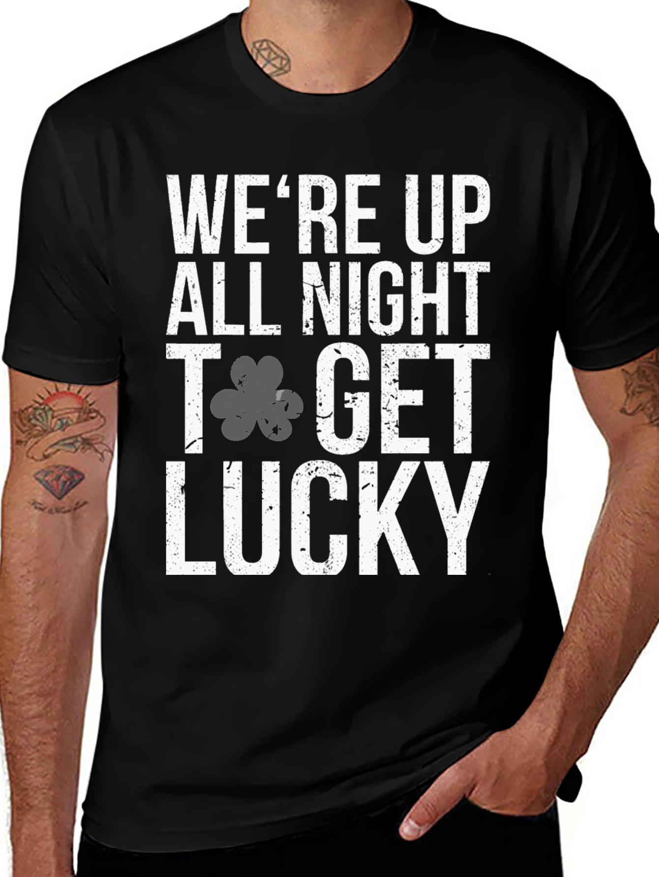 Were Up All Night to Get Lucky Mens Black T-Shirt