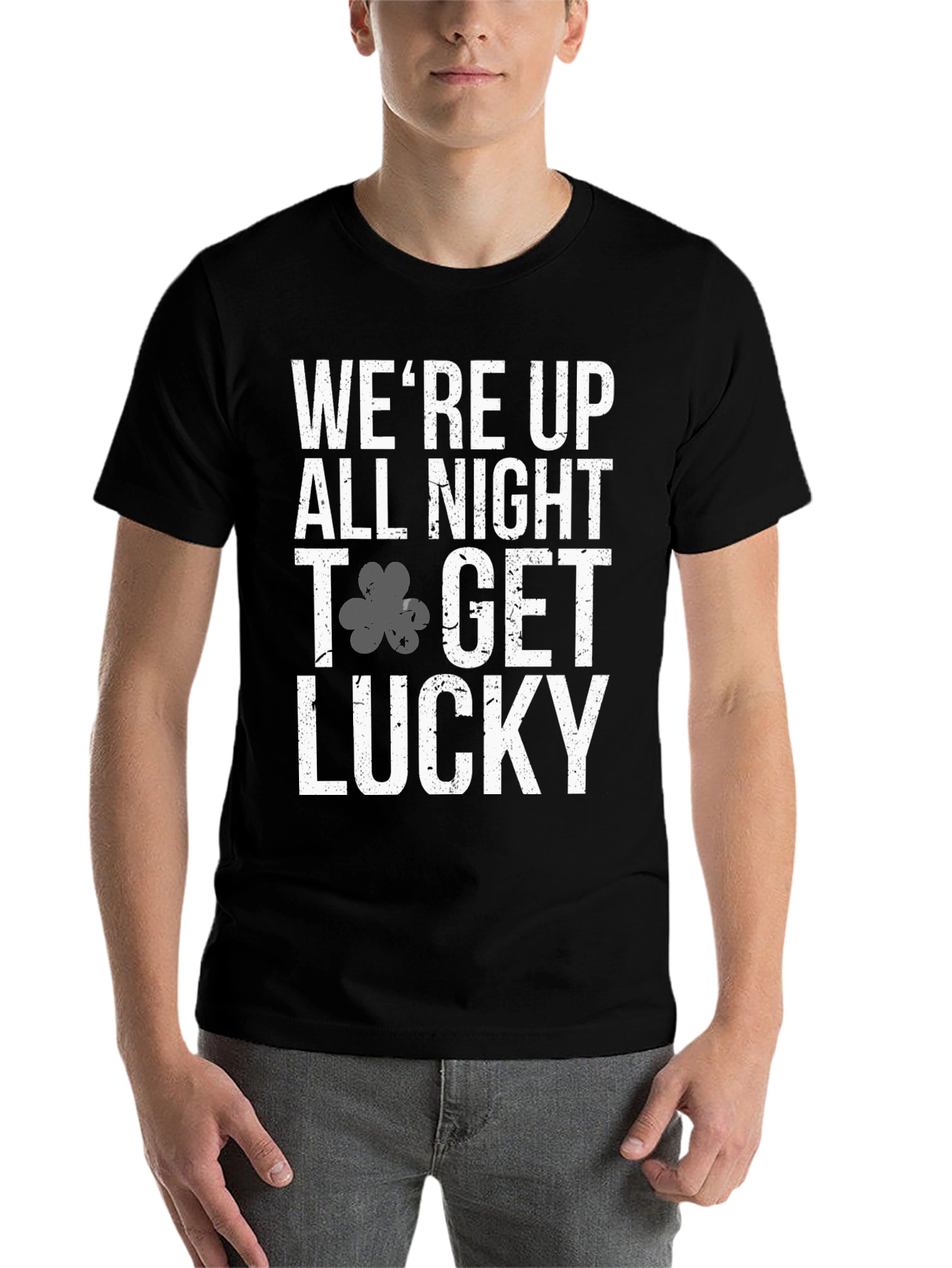 Were Up All Night to Get Lucky Mens Black T-Shirt