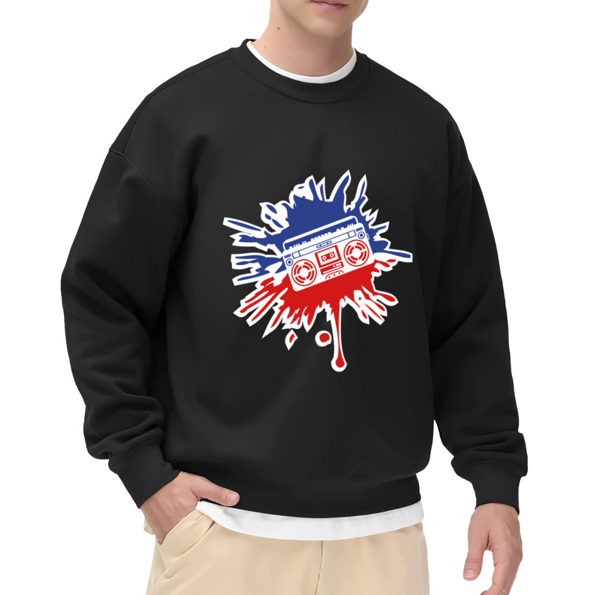 Retro Boombox Splat Art Crewneck Sweatshirt, Streetwear Style for Music Lovers