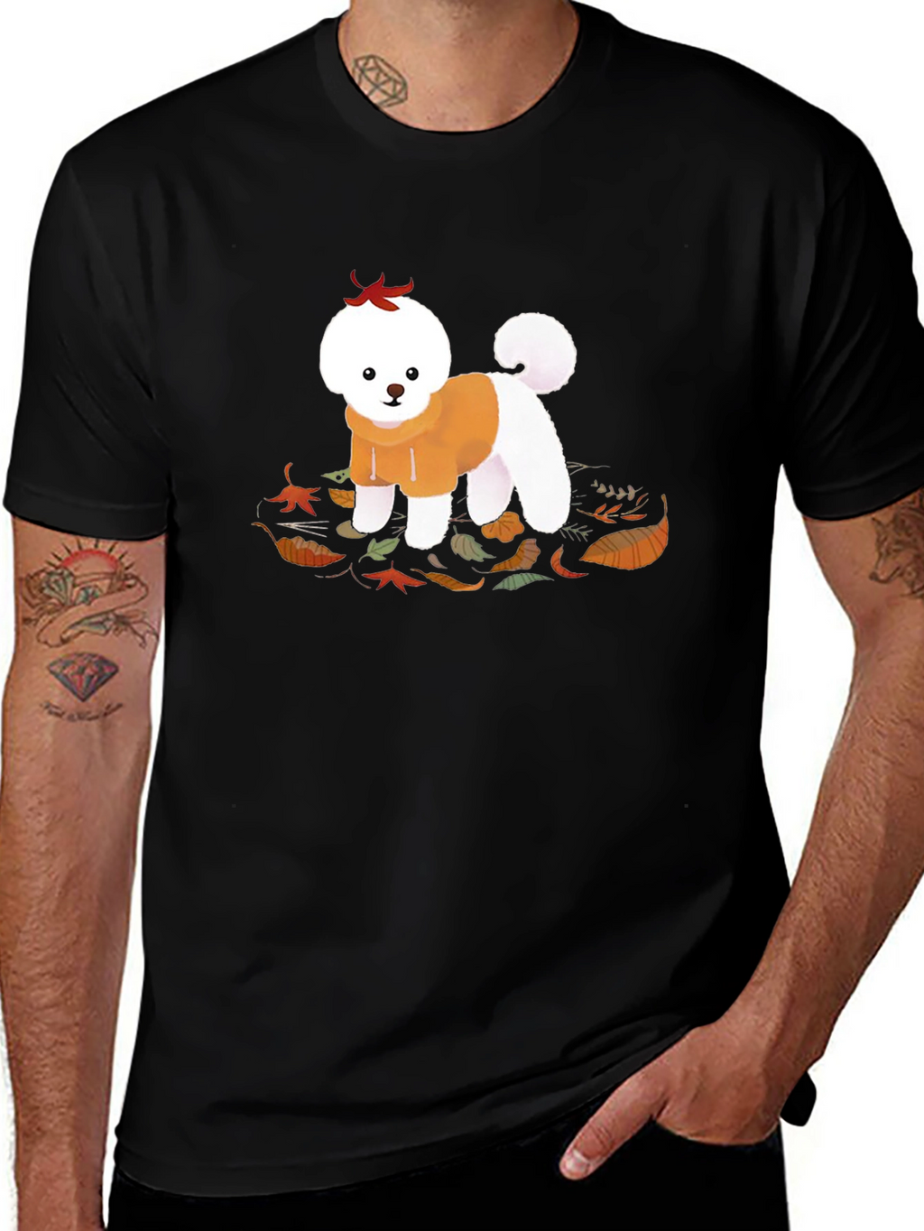 Cute Dog Autumn Leaves Graphic T-Shirt