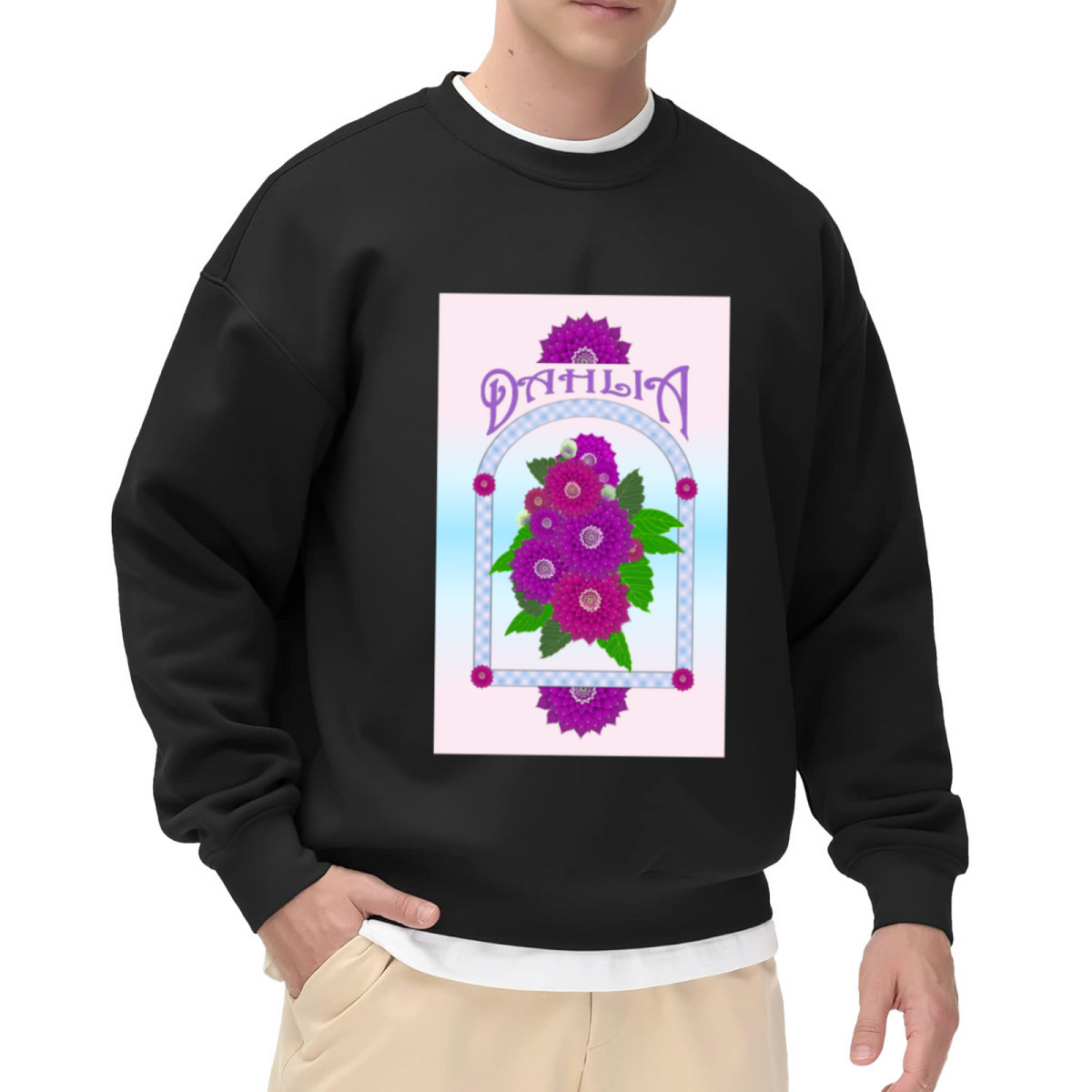 DAHIA Dahlia Flower Typography Crewneck Sweatshirt, Retro Botanical Illustration Pullover, Vintage Floral Art Gift for Women