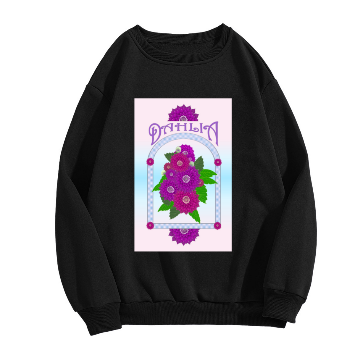 DAHIA Dahlia Flower Typography Crewneck Sweatshirt, Retro Botanical Illustration Pullover, Vintage Floral Art Gift for Women