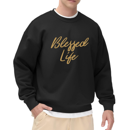 Blessed Life Gold Script Calligraphy Crewneck Sweatshirt | Inspirational Gratitude Quote Pullover, Spiritual Gift Top