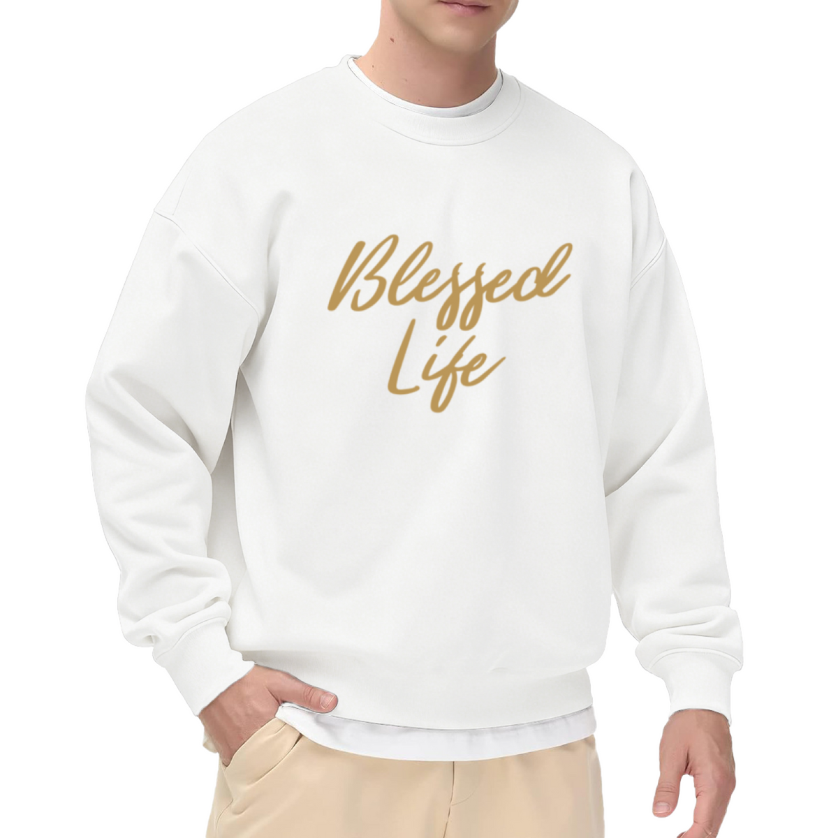 Blessed Life Gold Script Calligraphy Crewneck Sweatshirt | Inspirational Gratitude Quote Pullover, Spiritual Gift Top